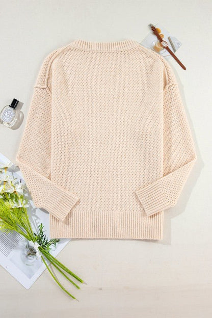 Solid Eyelet V - Neck Drop Shoulder Sweater - Bitsy Gypsy Boutique