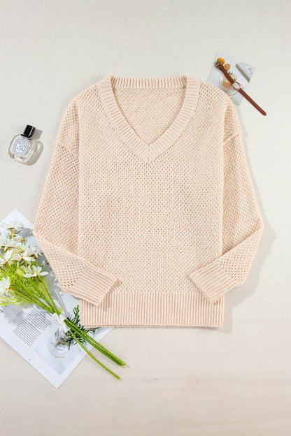 Solid Eyelet V - Neck Drop Shoulder Sweater - Bitsy Gypsy Boutique