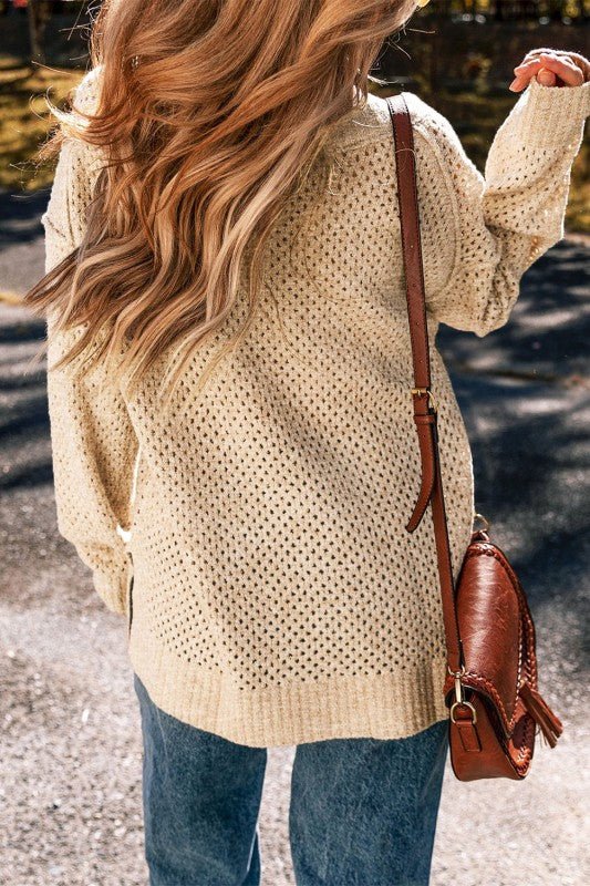 Solid Eyelet V - Neck Drop Shoulder Sweater - Bitsy Gypsy Boutique