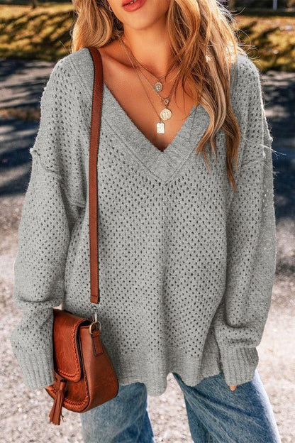 Solid Eyelet V - Neck Drop Shoulder Sweater - Bitsy Gypsy Boutique