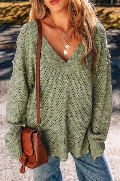 Solid Eyelet V - Neck Drop Shoulder Sweater - Bitsy Gypsy Boutique