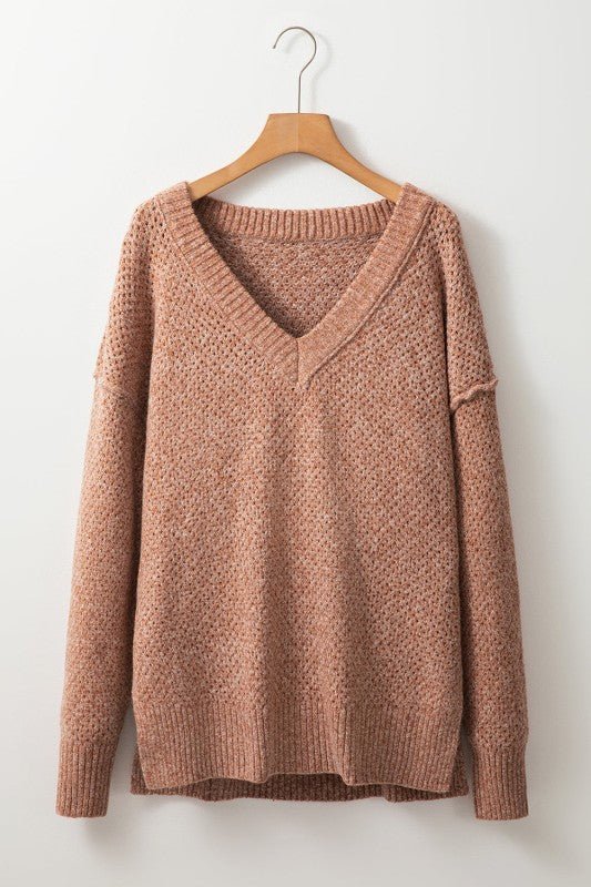Solid Eyelet V - Neck Drop Shoulder Sweater - Bitsy Gypsy Boutique