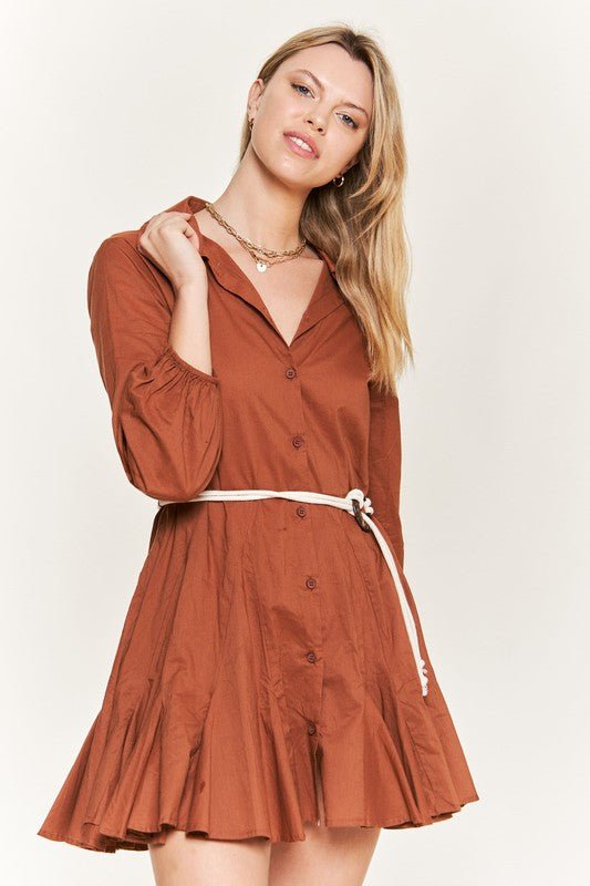 SOLID FLARE SHIRT DRESS KRD4190 - Bitsy Gypsy Boutique