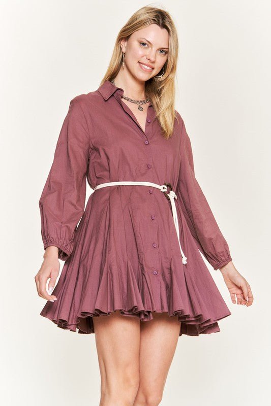 SOLID FLARE SHIRT DRESS KRD4190 - Bitsy Gypsy Boutique