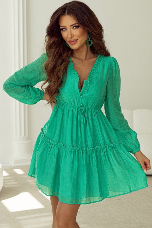 Solid Frilly V - Neck Puff Sleeve Mini Dress - Bitsy Gypsy Boutique