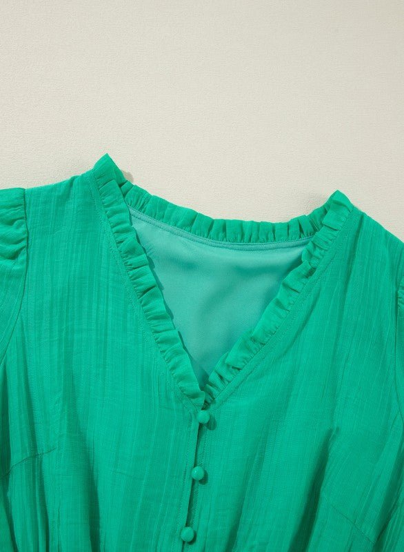 Solid Frilly V - Neck Puff Sleeve Mini Dress - Bitsy Gypsy Boutique