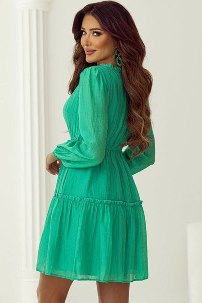 Solid Frilly V - Neck Puff Sleeve Mini Dress - Bitsy Gypsy Boutique