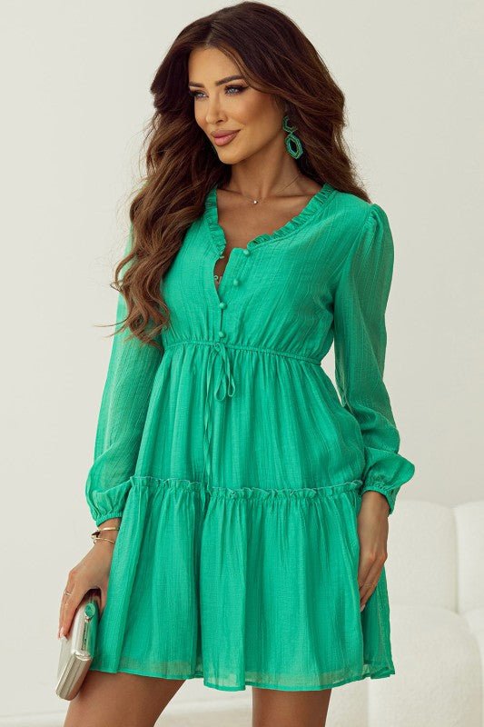 Solid Frilly V - Neck Puff Sleeve Mini Dress - Bitsy Gypsy Boutique