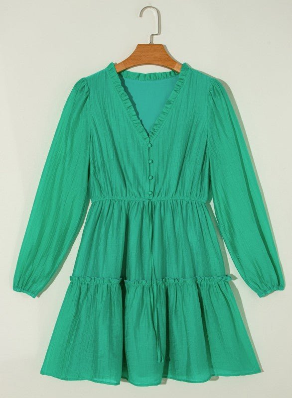 Solid Frilly V - Neck Puff Sleeve Mini Dress - Bitsy Gypsy Boutique