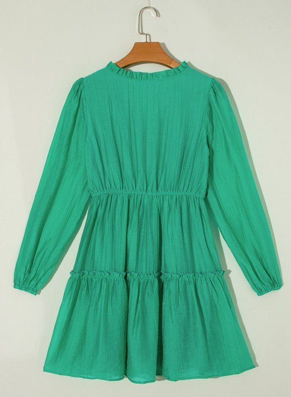 Solid Frilly V - Neck Puff Sleeve Mini Dress - Bitsy Gypsy Boutique