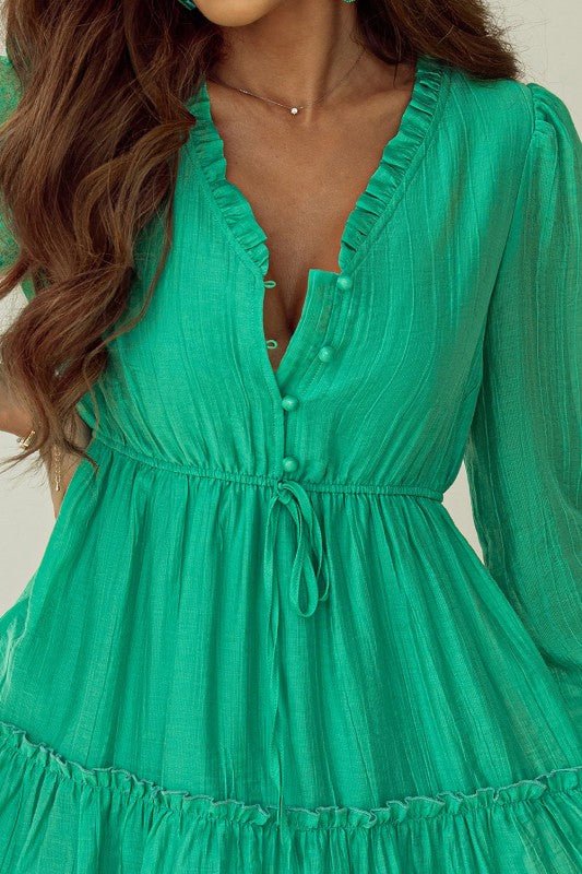 Solid Frilly V - Neck Puff Sleeve Mini Dress - Bitsy Gypsy Boutique