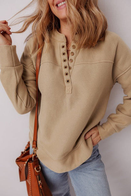 Solid Grommet V - Neck Drop Shoulder Sweatshirt - Bitsy Gypsy Boutique