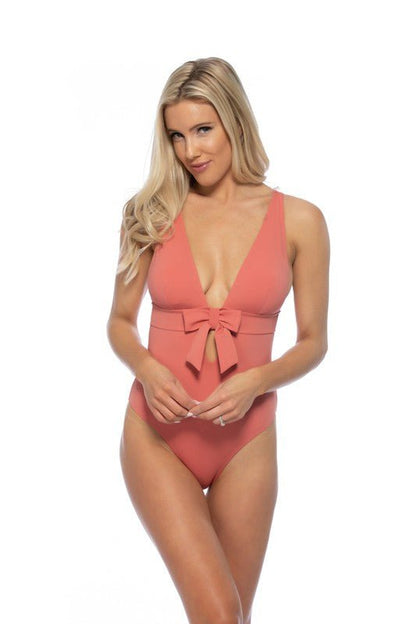 SOLID HALTER BOW TIE FRONT ONE PIECE SWIMSUIT - Bitsy Gypsy Boutique