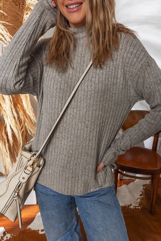 Solid Ribbed Knit Mock Neck Pullover Top - Bitsy Gypsy Boutique