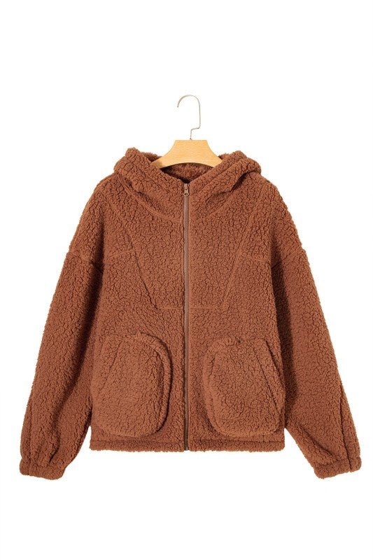 Solid Sherpa Fleece Zip Up Hooded Jacket - Bitsy Gypsy Boutique