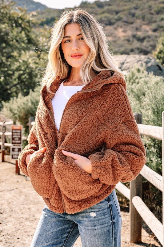 Solid Sherpa Fleece Zip Up Hooded Jacket - Bitsy Gypsy Boutique