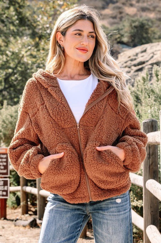 Solid Sherpa Fleece Zip Up Hooded Jacket - Bitsy Gypsy Boutique