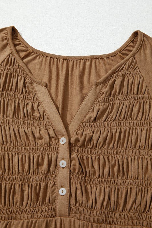 Solid Smocked Split V - Neck Buttoned Blouse - Bitsy Gypsy Boutique