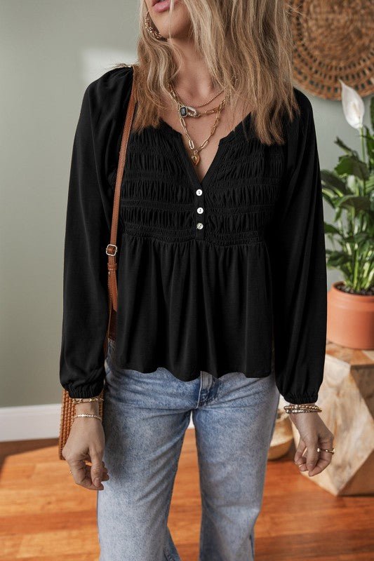 Solid Smocked Split V - Neck Buttoned Blouse - Bitsy Gypsy Boutique