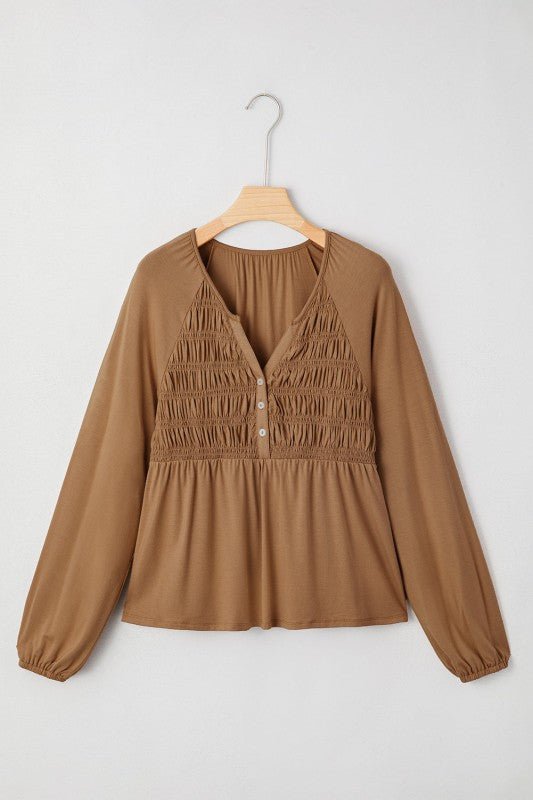 Solid Smocked Split V - Neck Buttoned Blouse - Bitsy Gypsy Boutique