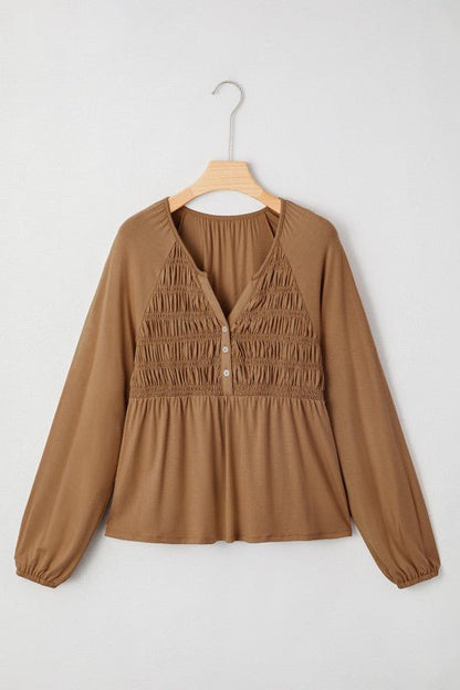 Solid Smocked Split V - Neck Buttoned Blouse - Bitsy Gypsy Boutique