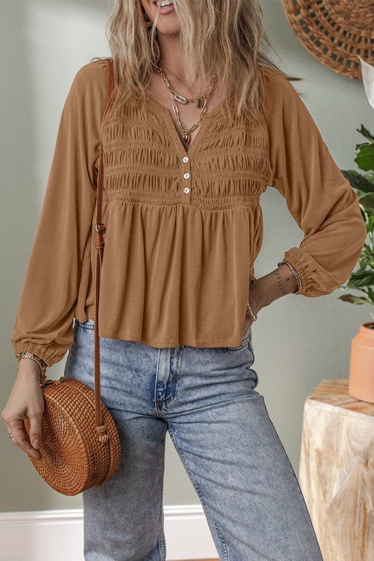 Solid Smocked Split V - Neck Buttoned Blouse - Bitsy Gypsy Boutique