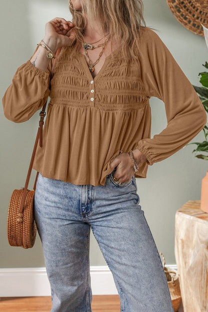 Solid Smocked Split V - Neck Buttoned Blouse - Bitsy Gypsy Boutique