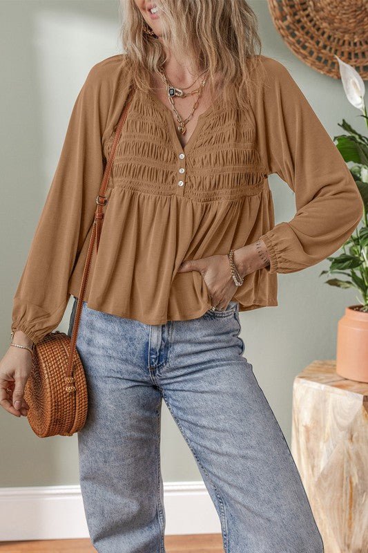 Solid Smocked Split V - Neck Buttoned Blouse - Bitsy Gypsy Boutique