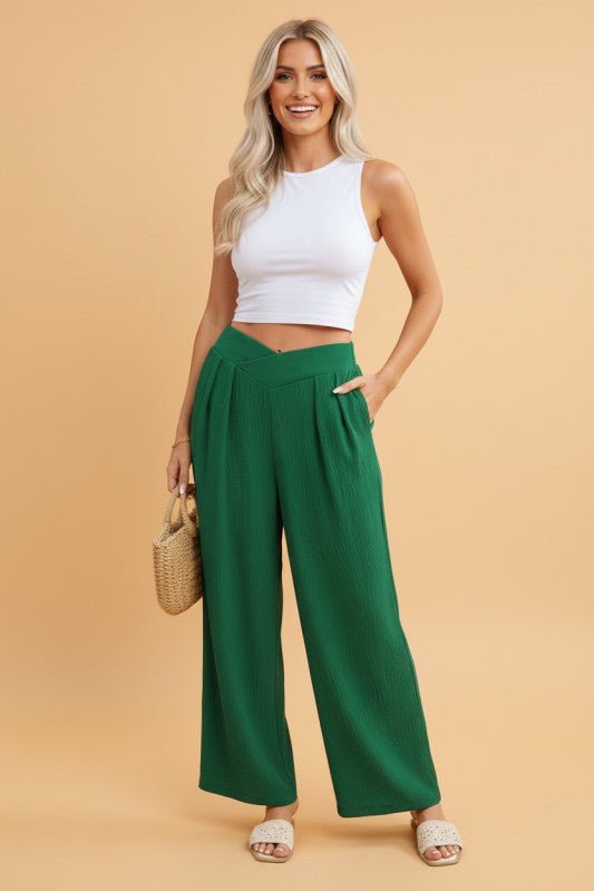 Solid Textured Crossed Waist Wide Leg Pants - Bitsy Gypsy Boutique