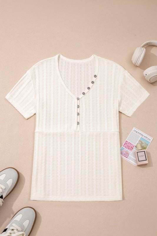 Solid Textured Knit V - Neck Henley Tee - Bitsy Gypsy Boutique