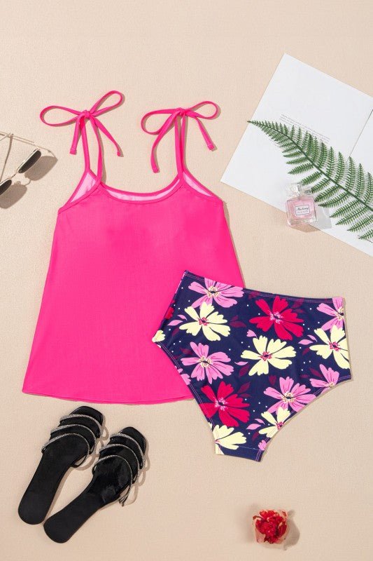 Solid Tie Strap Top & Floral Bottom Tankini Set - Bitsy Gypsy Boutique