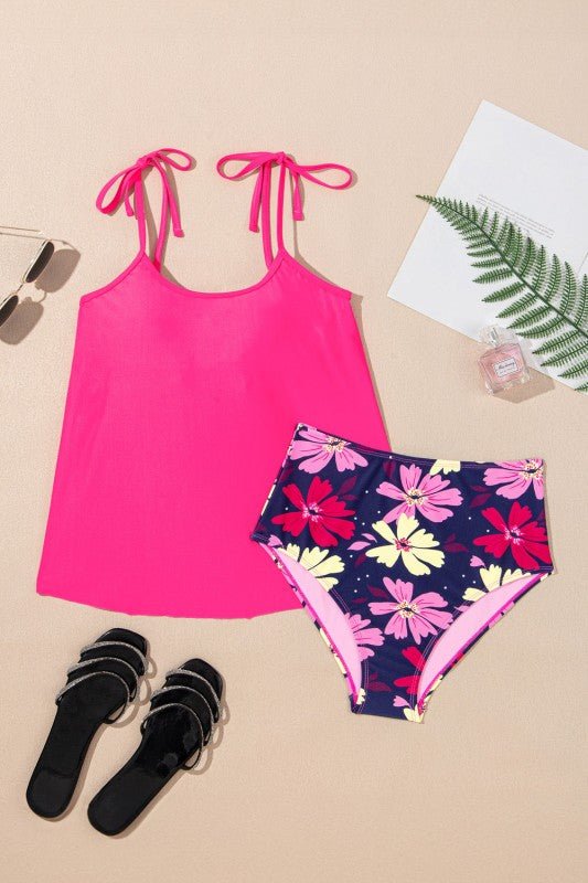 Solid Tie Strap Top & Floral Bottom Tankini Set - Bitsy Gypsy Boutique