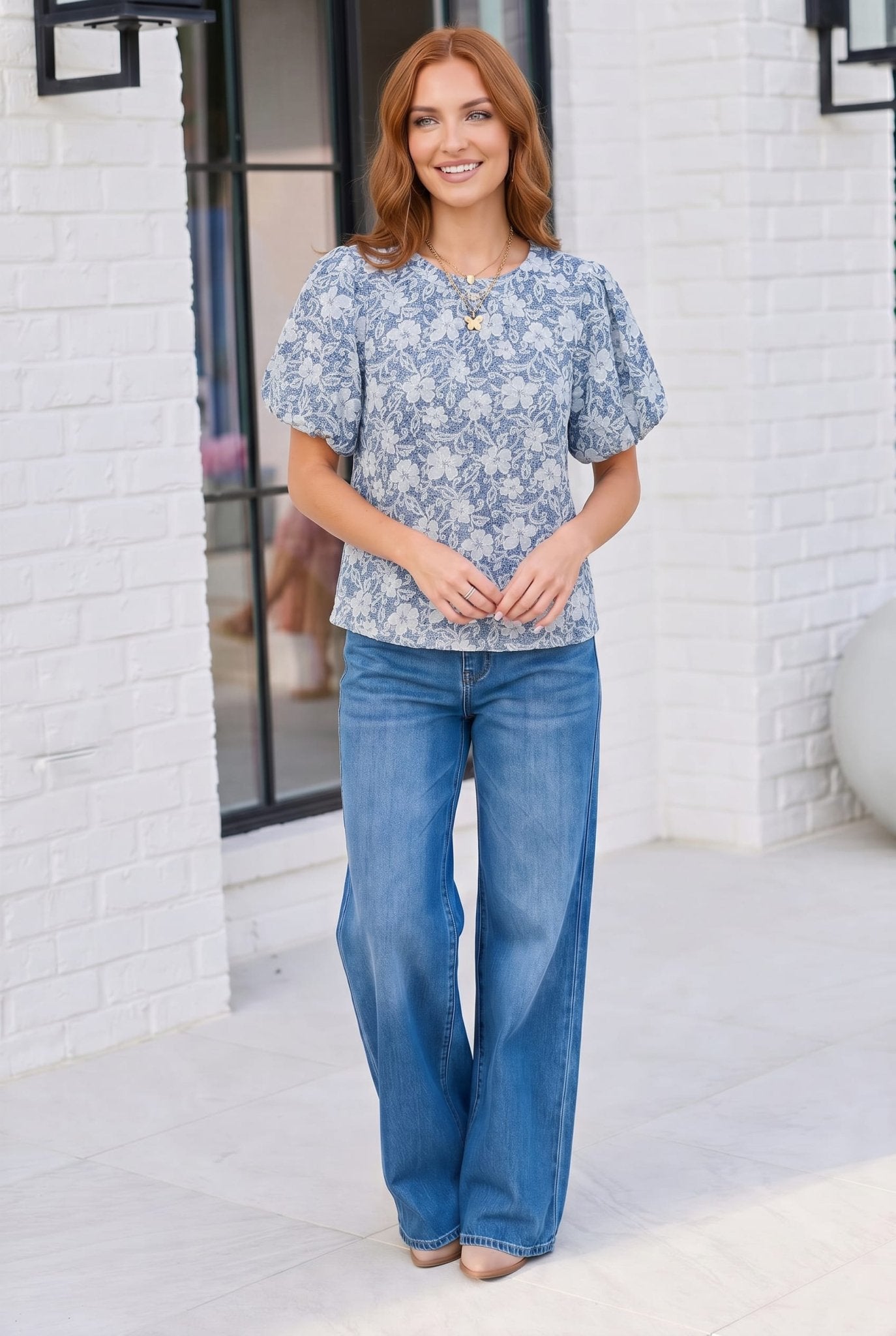 Something Blue Lace Textured Puff Sleeve Top - Bitsy Gypsy Boutique