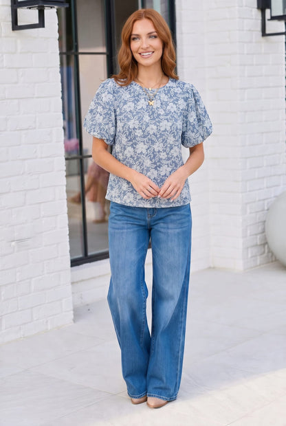 Something Blue Lace Textured Puff Sleeve Top - Bitsy Gypsy Boutique