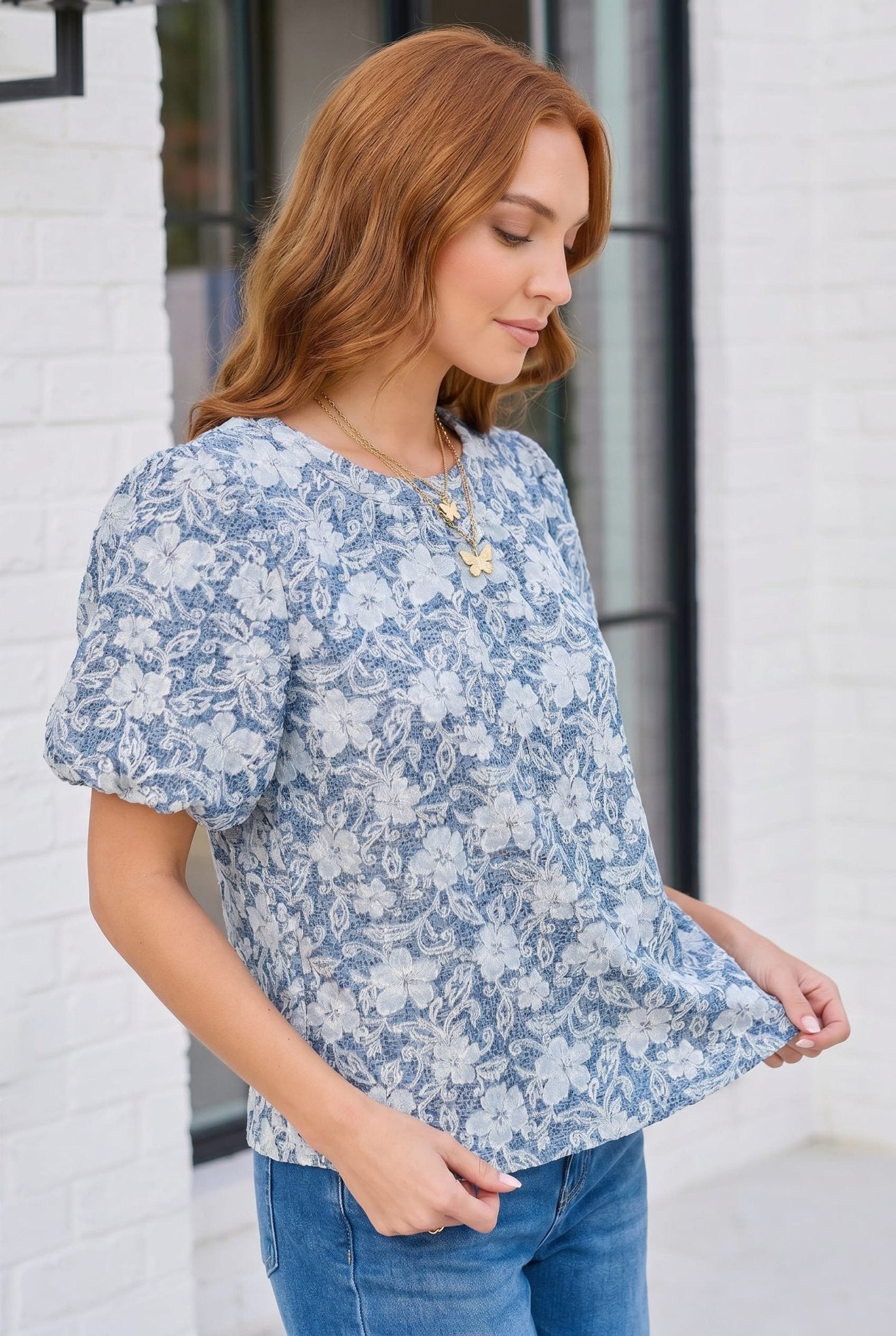 Something Blue Lace Textured Puff Sleeve Top - Bitsy Gypsy Boutique