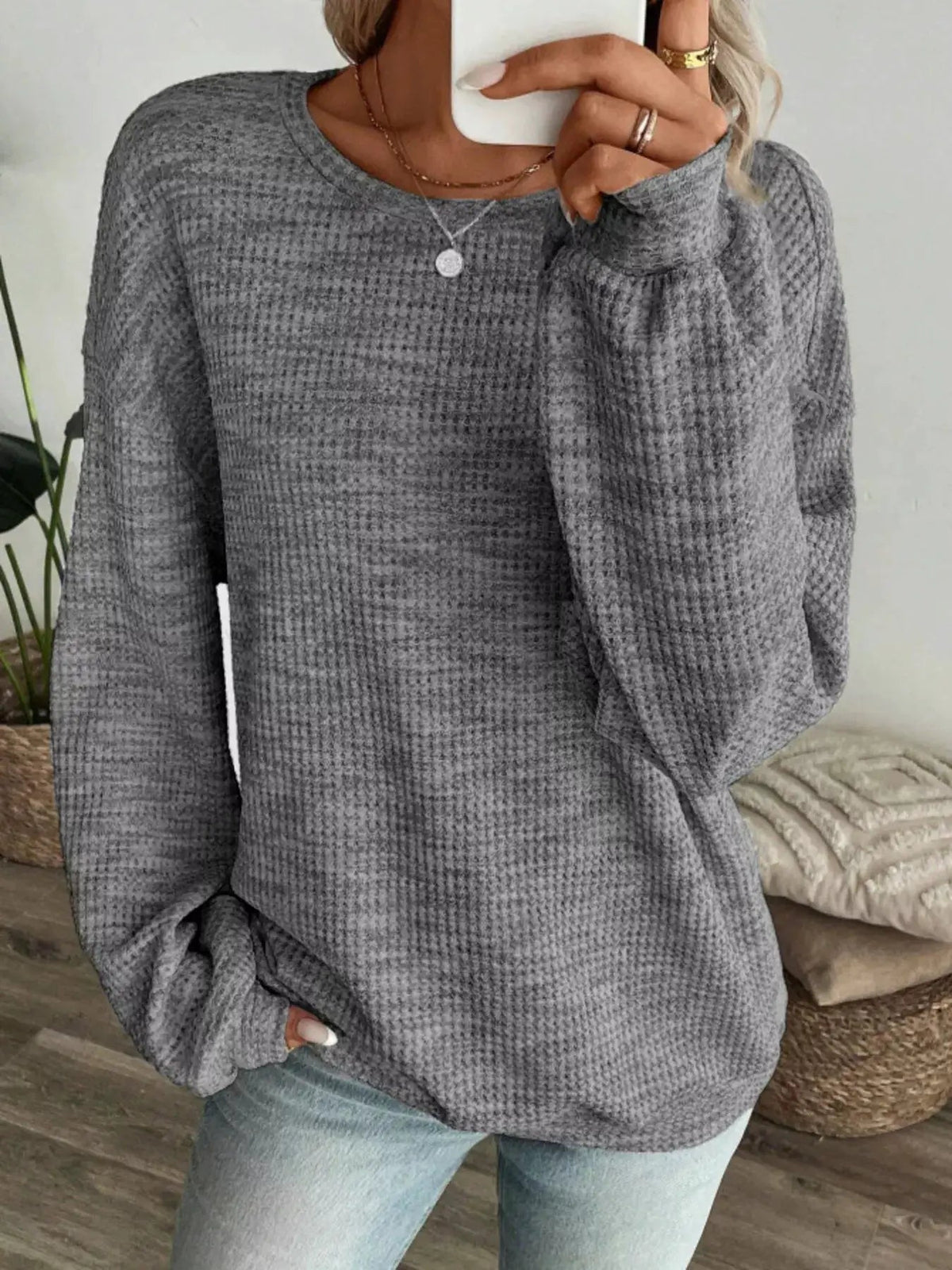 Space Dyed Crew Neck Long Sleeve Waffle Knit Top - Bitsy Gypsy Boutique