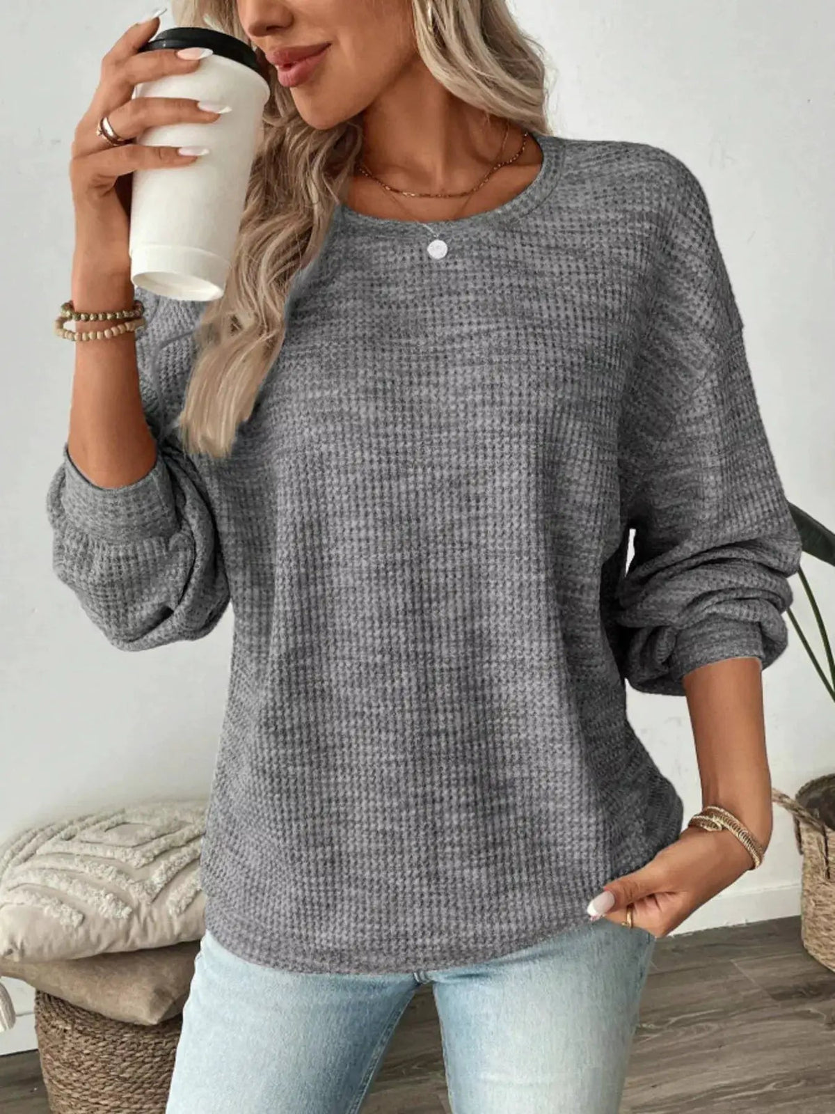 Space Dyed Crew Neck Long Sleeve Waffle Knit Top - Bitsy Gypsy Boutique