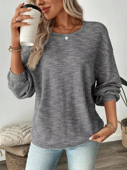Space Dyed Crew Neck Long Sleeve Waffle Knit Top - Bitsy Gypsy Boutique