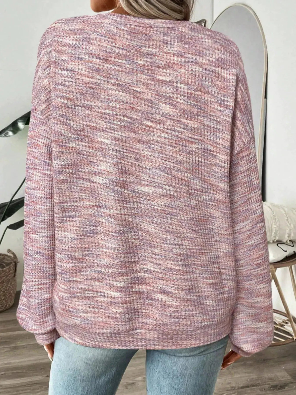 Space Dyed Crew Neck Long Sleeve Waffle Knit Top - Bitsy Gypsy Boutique