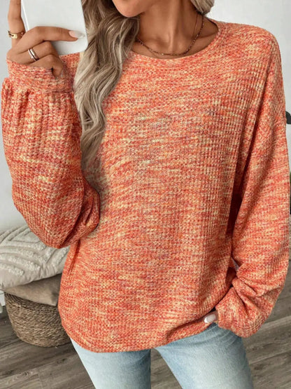Space Dyed Crew Neck Long Sleeve Waffle Knit Top - Bitsy Gypsy Boutique
