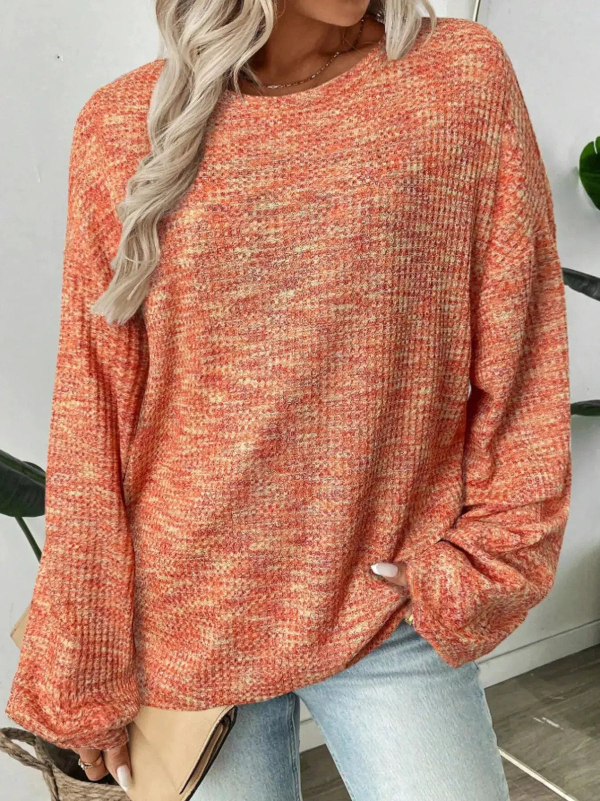 Space Dyed Crew Neck Long Sleeve Waffle Knit Top - Bitsy Gypsy Boutique