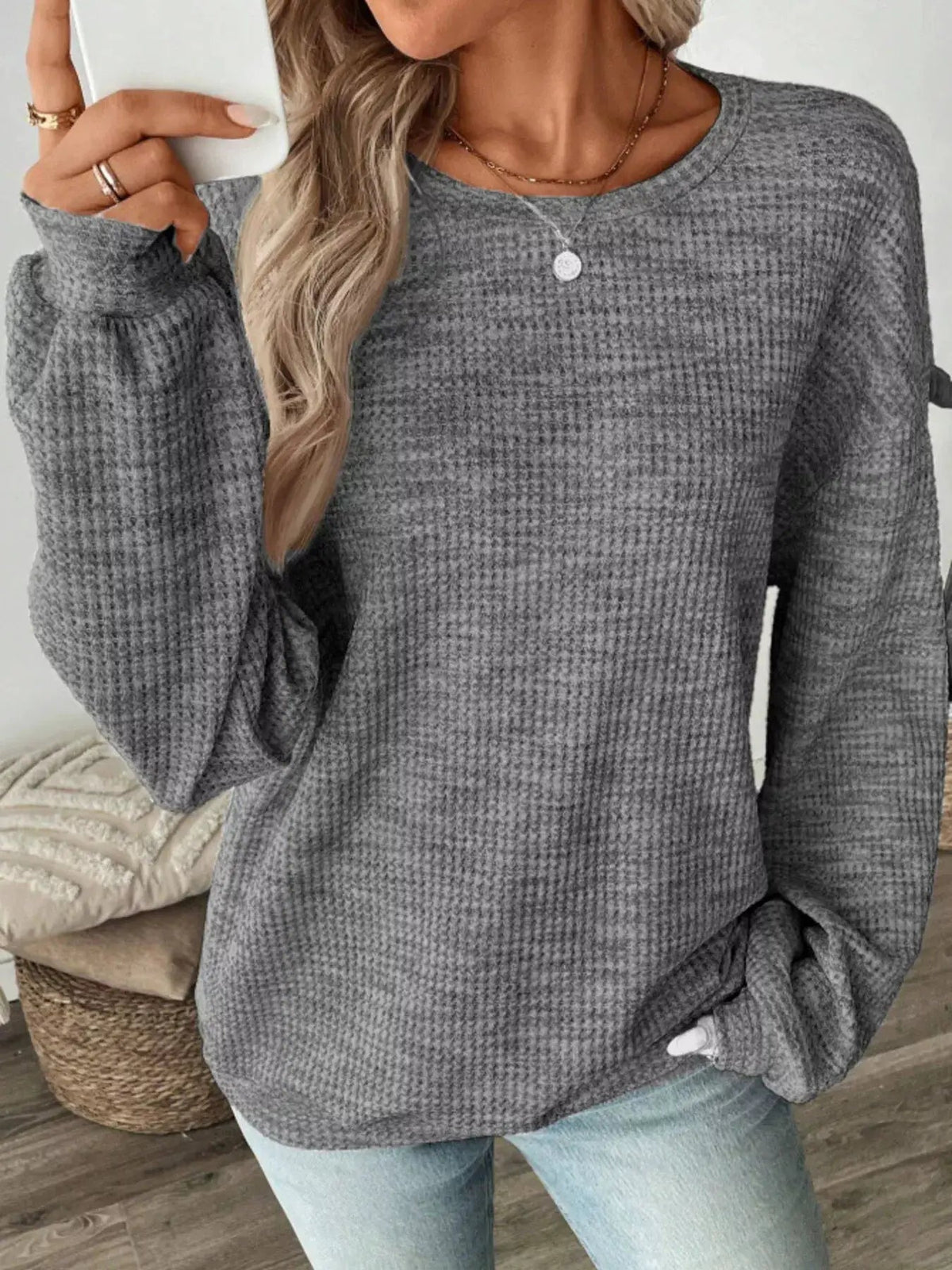 Space Dyed Crew Neck Long Sleeve Waffle Knit Top - Bitsy Gypsy Boutique