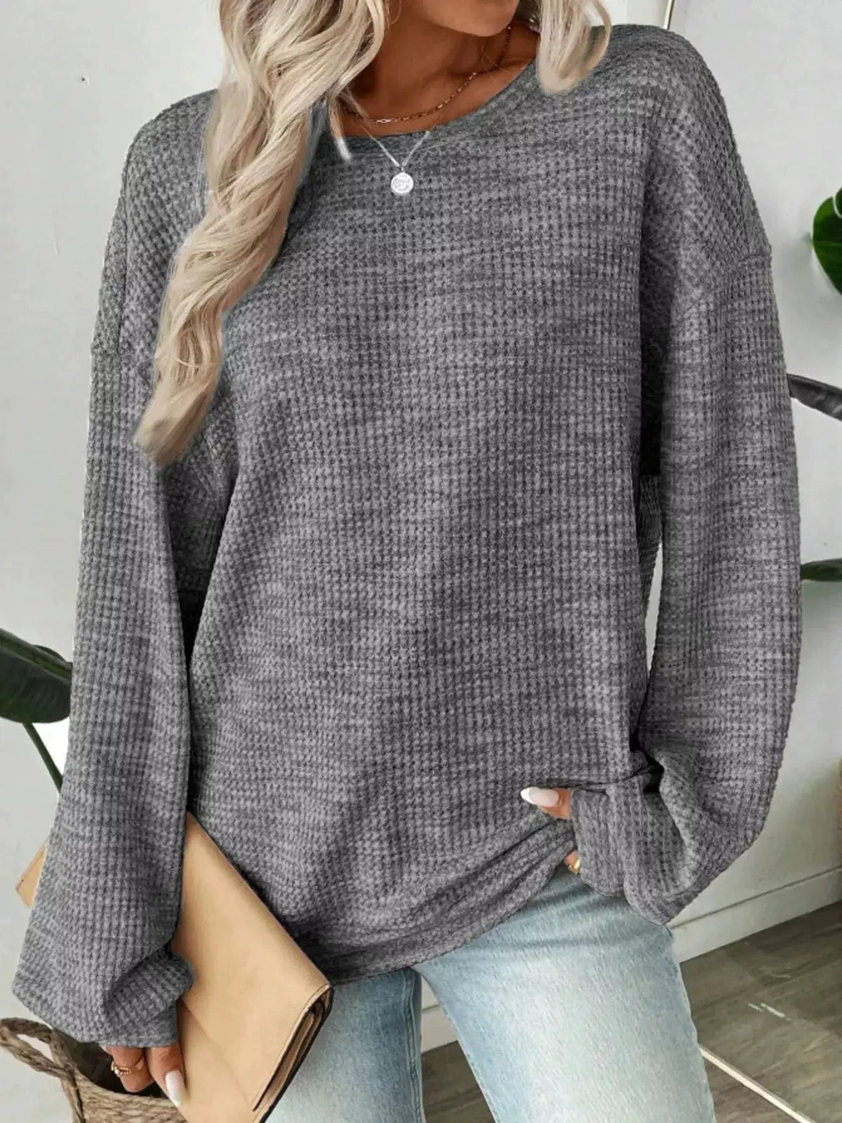Space Dyed Crew Neck Long Sleeve Waffle Knit Top - Bitsy Gypsy Boutique