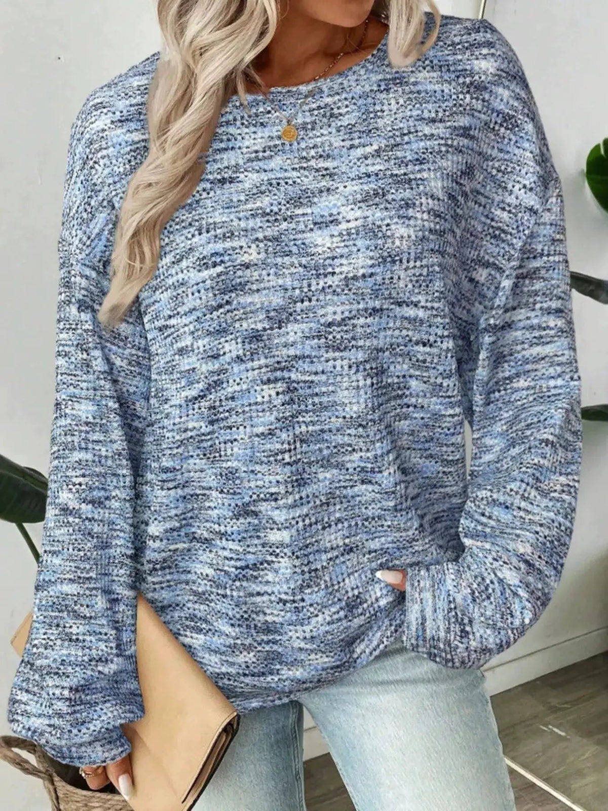 Space Dyed Crew Neck Long Sleeve Waffle Knit Top - Bitsy Gypsy Boutique