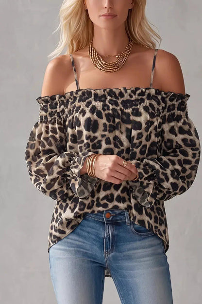 Spaghetti Strap Leopard Long Sleeve Blouse - Bitsy Gypsy Boutique
