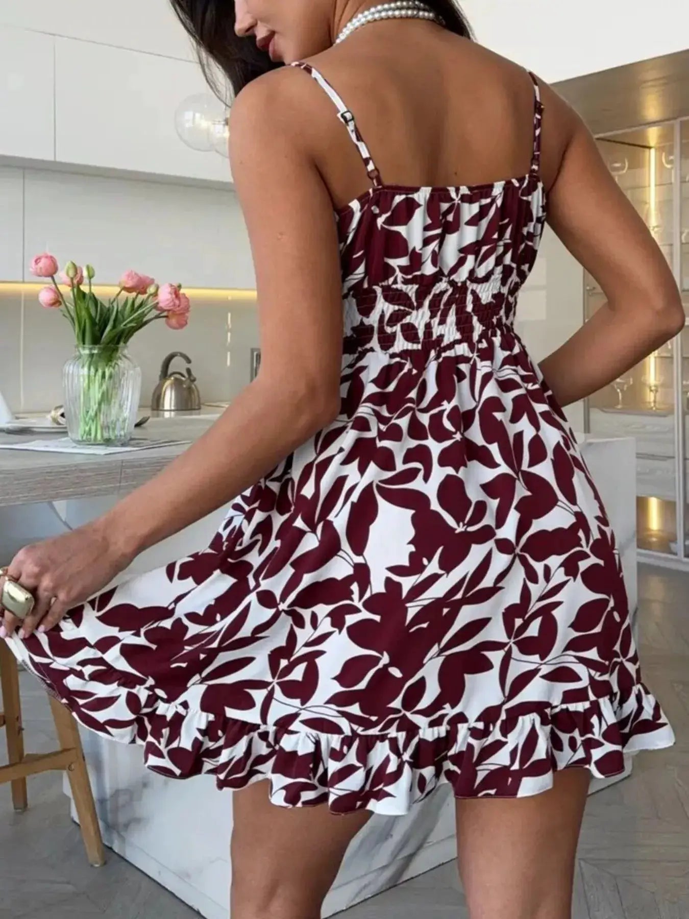 Spaghetti Strap Ruffle Hem Mini Dress with Abstract Print by Trendsi