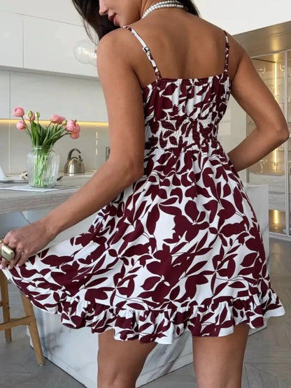 Spaghetti Strap Ruffle Hem Mini Dress with Abstract Print by Trendsi