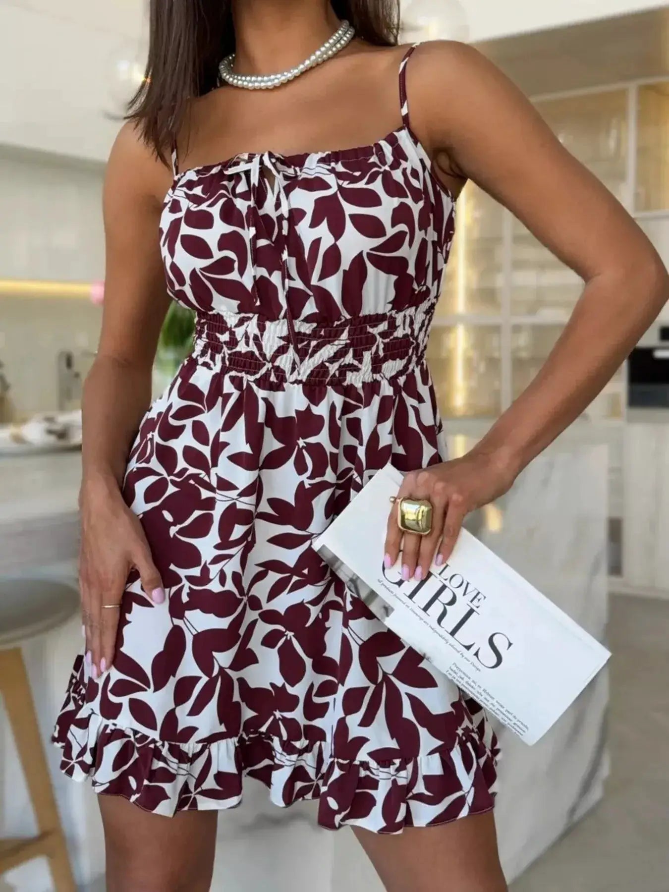 Spaghetti Strap Ruffle Hem Mini Dress with Abstract Print by Trendsi