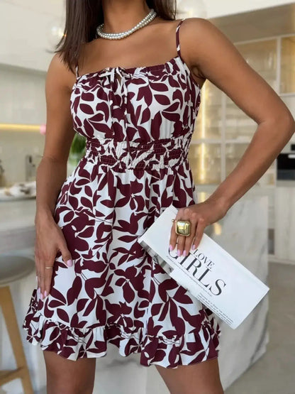 Spaghetti Strap Ruffle Hem Mini Dress with Abstract Print by Trendsi