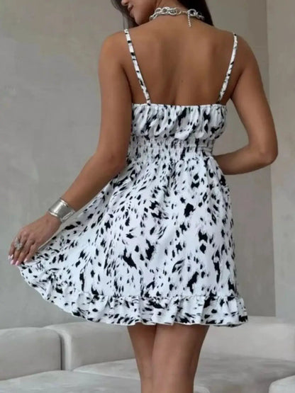Spaghetti Strap Ruffle Hem Mini Dress with Abstract Print by Trendsi